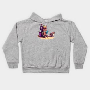 Cute, rusty robot having some snaks. No background. Kids Hoodie